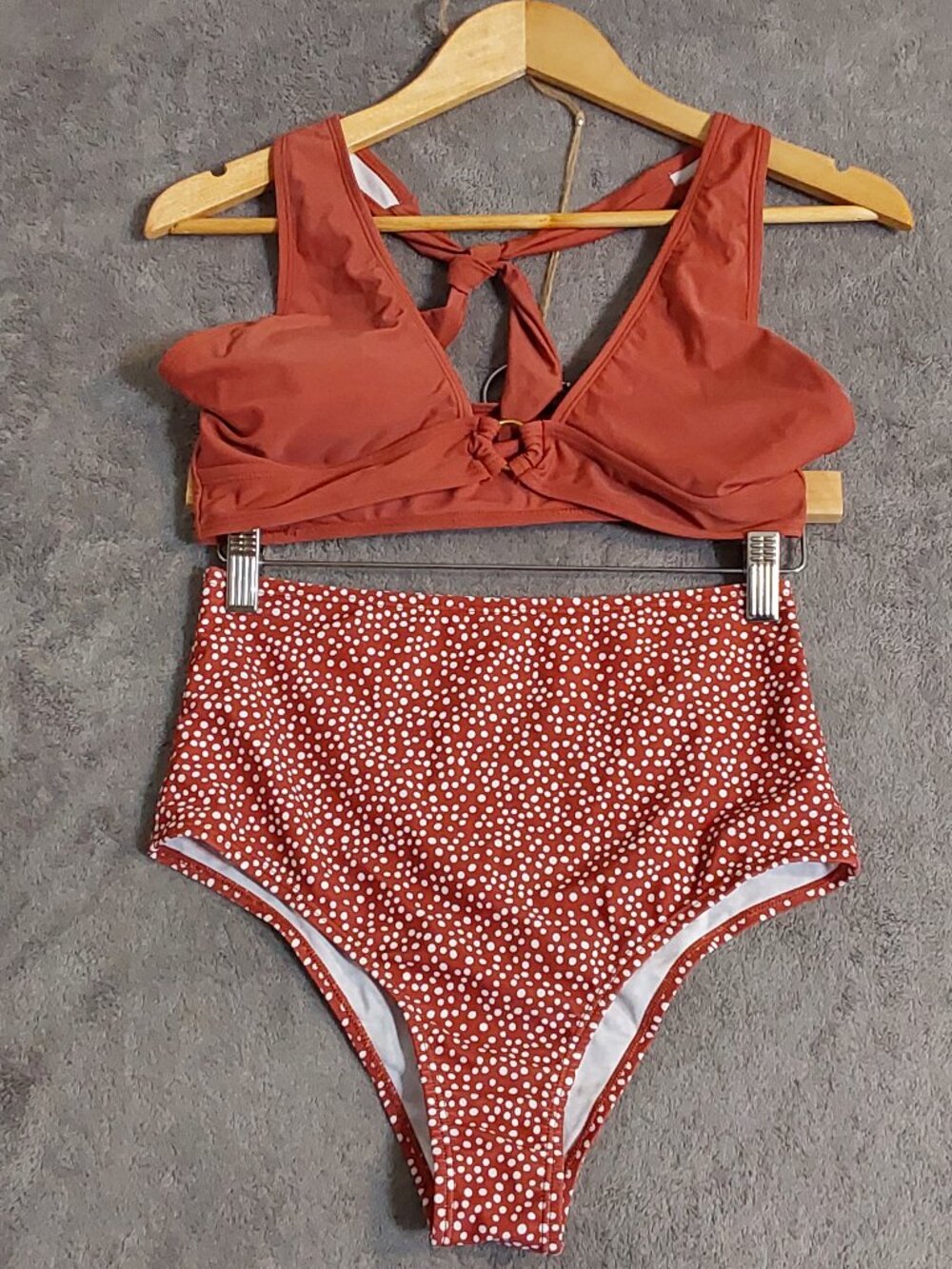 Women's Medium High Waist Bikini Set Rust Polka Dot Tie Back Padded Swim M